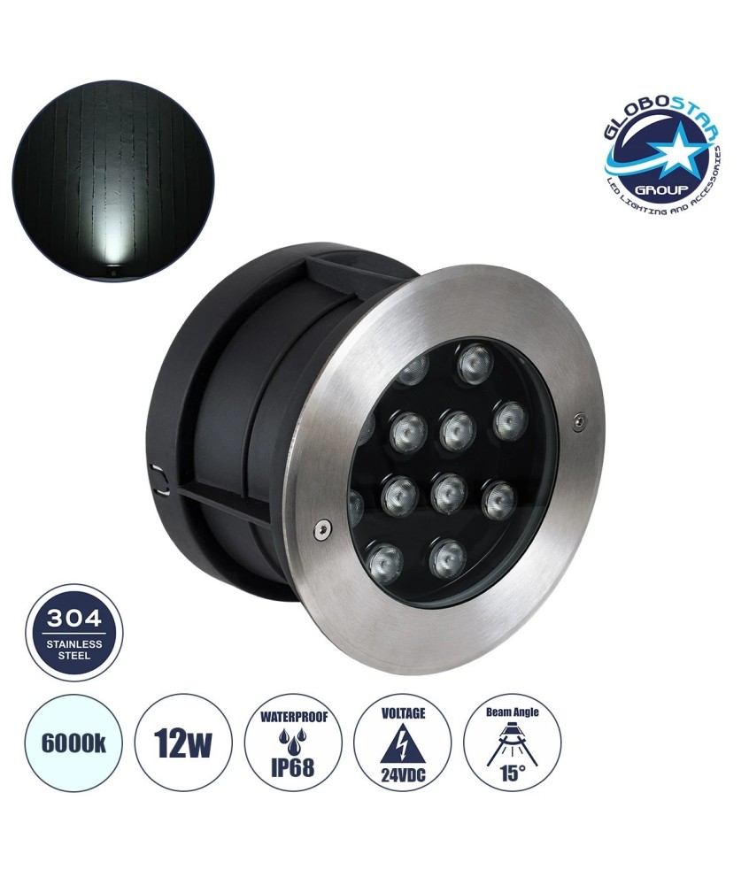 GloboStar® UNDERWATER-GUNE 90405 Υποβρύχιο Χωνευτό Φωτιστικό Σποτ Ειδικό για Σιντριβάνια LED 12W 1200lm 60° DC 24V Αδιάβροχο IP68 Φ10 x Υ7.5cm Ψυχρό Λευκό 6000K - Ανοξείδωτο Ατσάλι - 3 Χρόνια Εγγύηση